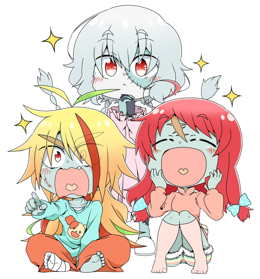 3girls ahoge blonde_hair bow braid chibi closed_eyes eyes_visible_through_hair hachiman_(douno) hair_over_one_eye highres kneehighs konno_junko light_green_hair long_hair low_twintails minamoto_sakura multicolored_hair multiple_girls nikaidou_saki oerba_yun_fang open_mouth orange_hair pajamas patchwork_skin pointing polka_dot polka_dot_bow red_eyes red_hair scar scar_on_face scar_on_forehead shorts slippers socks streaked_hair twin_braids twintails white_background white_hair zombie zombie_land_saga