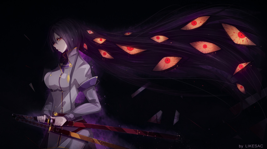 black_hair blade breasts commission demon_girl extra_eyes eyes eyeshadow female fighting_stance gothic horror_(theme) katana large_breasts likesac long_hair makeup military military_uniform origami_yukari red_eyes simple_background sword toji_no_miko uniform weapon yandere