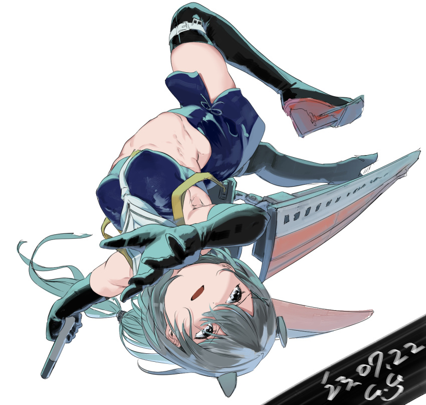 black_thighhighs blue_shirt blue_skirt crop_top dated female gegeron gradient_neckerchief grey_eyes grey_hair highres i-201_(kancolle) kantai_collection long_hair machinery midriff one-hour_drawing_challenge pencil_skirt rudder_footwear sailor_collar shirt simple_background skirt sleeveless sleeveless_shirt solo thighhighs torpedo_tubes upside-down white_background white_sailor_collar