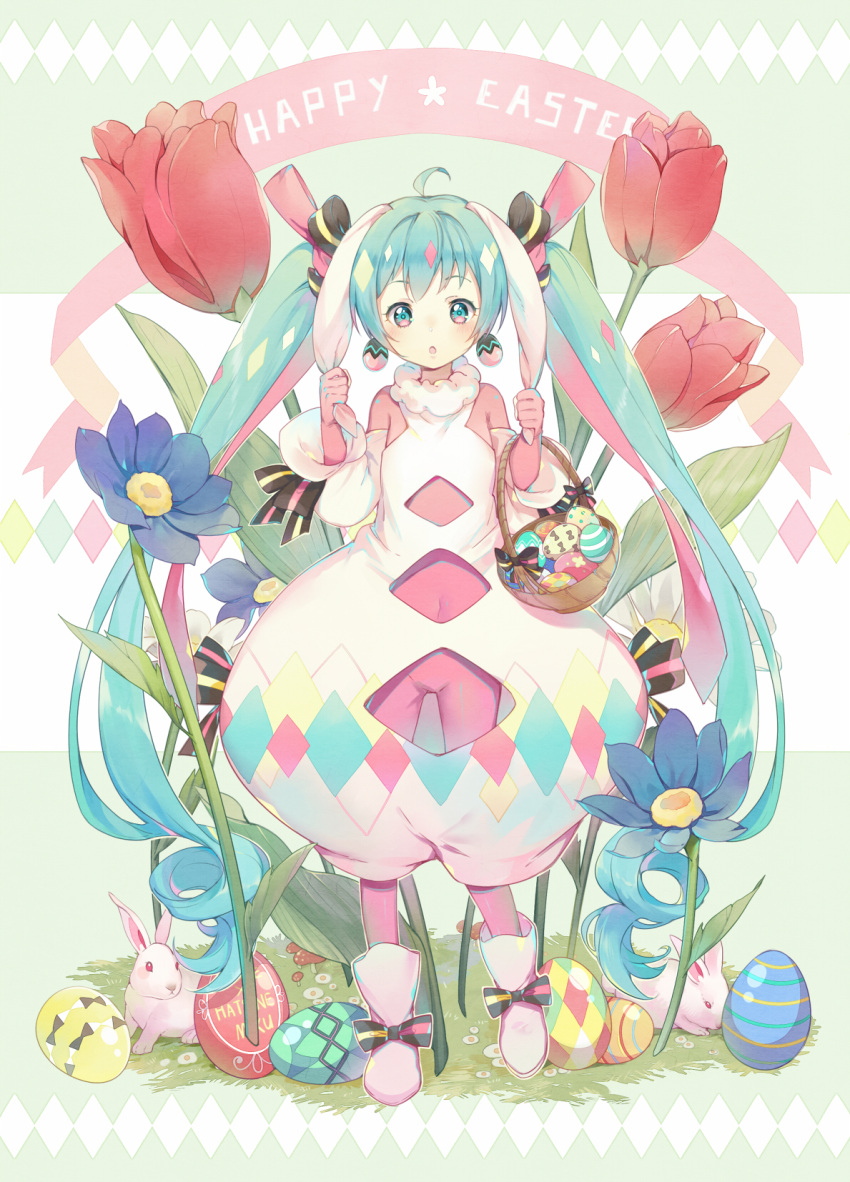 :o absurdly_long_hair albino alternate_costume animal animal_ears aqua_eyes aqua_hair argyle_cutout banner basket blue_flower blush bodysuit bow carrying character_name clothing_cutout commentary covered_navel crotch_cutout curly_hair cutout_above_navel daisy detached_sleeves diamond_(shape) drill_hair earrings easter easter_egg easter_miku egg egg_earrings ekita_kuro english_commentary english_text female flower footwear_bow full_body grabbing grass hairbow happy_easter hatsune_miku highres holding_ears jewelry leaf leg_up long_hair multicolored_eyes multicolored_hair mushroom navel_cutout open_mouth oversized_flower oversized_object pink_bodysuit pink_bow pink_flower puffy_pants rabbit rabbit_ears red_flower red_tulip revision ribbon-trimmed_sleeves ribbon_trim shoes solo striped striped_bow tulip twin_drills twintails unitard very_long_hair vocaloid white_flower white_footwear white_sleeves yellow_flower