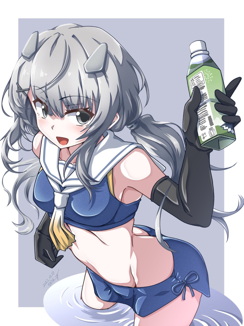 547th_sy black_gloves blue_skirt bottle commentary_request crop_top dated female gloves gradient_neckerchief grey_eyes grey_hair hair_ornament highres holding holding_bottle hood hood_down hooded_jacket i-201_(kancolle) jacket kantai_collection long_hair long_sleeves looking_at_viewer midriff open_mouth pencil_skirt sailor_collar signature simple_background skirt solo two-tone_background white_sailor_collar x_hair_ornament