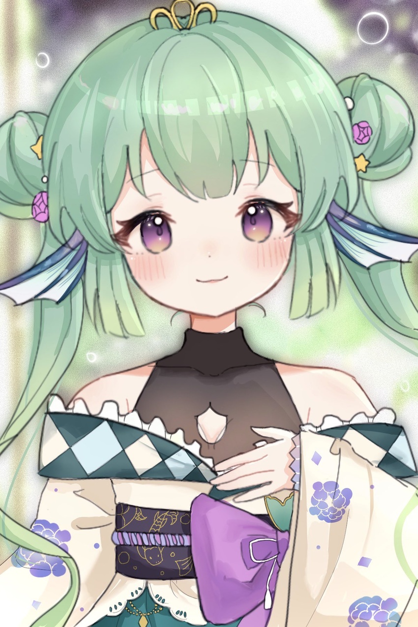 blush bow bubble cleavage_cutout clothing_cutout collarbone double_bun female finana_ryugu finana_ryugu_(2nd_costume) fins fish_girl green_hair hair_bun head_fins head_tilt highres japanese_clothes kimono nijisanji nijisanji_en nini_niniko obi off_shoulder official_alternate_costume portrait protected_link purple_bow purple_eyes sash smile solo tiara twintails virtual_youtuber white_kimono