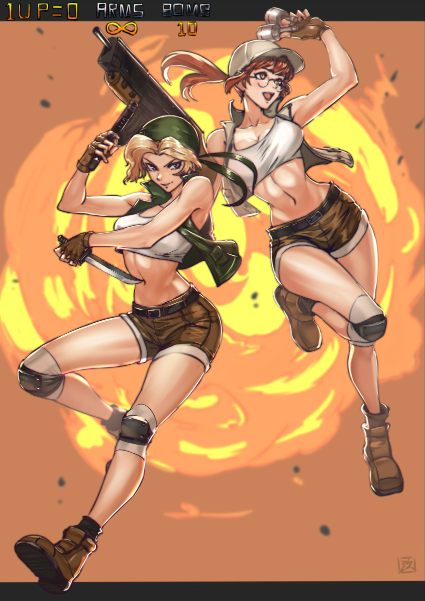 2girls absurdres bandana baseball_cap black_legwear blonde_hair blue_eyes boots breasts brown_footwear brown_gloves brown_shorts chinese_commentary commentary crop_top fingerless_gloves fio_germi glasses gloves green_bandana green_vest grey_headwear grey_vest gun handgun hat highres holding holding_gun holding_knife holding_weapon juaag_acgy kasamoto_eri knee_pads knife large_breasts medium_breasts metal_slug midriff multiple_girls navel round_eyewear short_shorts shorts socks tank_top vest weapon white_tank_top