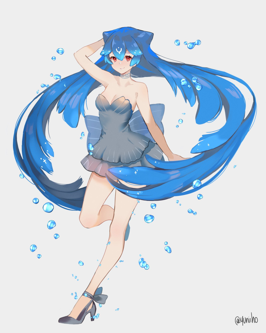 artist_name bao_(vtuber) bao_(vtuber)_(1st_costume) bare_shoulders blue_hair dress female full_body high_heels highres indie_virtual_youtuber long_hair off-shoulder_dress off_shoulder open_mouth red_eyes solo virtual_youtuber water white_background yuniiho