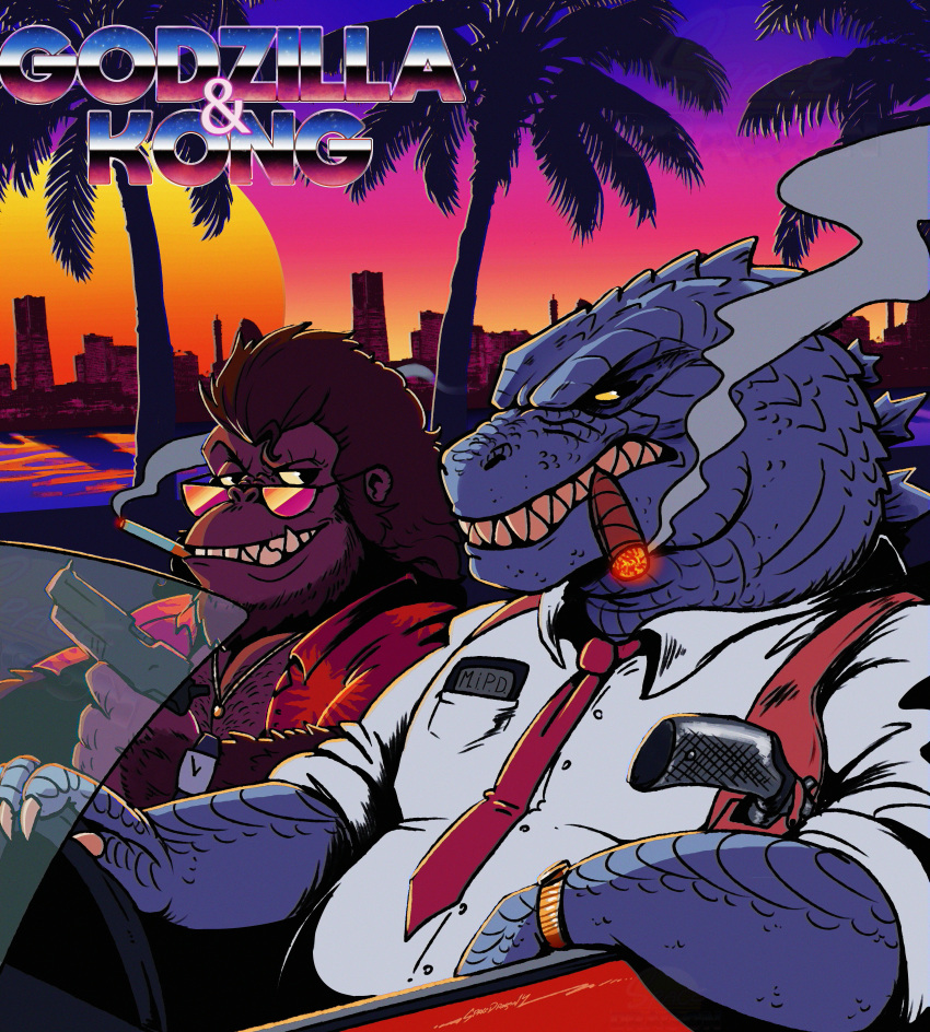 80's_theme absurd_res aloha_shirt anthro ape blue_body brown_body brown_fur car cigar cigar_in_mouth cigarette cigarette_in_mouth city city_background claws clock clothed clothing dress_shirt driving duo eyewear formal_clothing fur godzilla godzilla_(series) godzilla_vs._kong gun haplorhine hi_res jewelry kaiju king_kong king_kong_(series) looking_at_viewer male mammal motor_vehicle necklace necktie object_in_mouth open_clothing open_shirt open_topwear palm_tree pattern_clothing pattern_shirt pattern_topwear plant police primate ranged_weapon shirt smile smiling_at_viewer spacedragon14 sunglasses sunset text toho topwear tree vehicle watch weapon wristwatch yellow_sclera