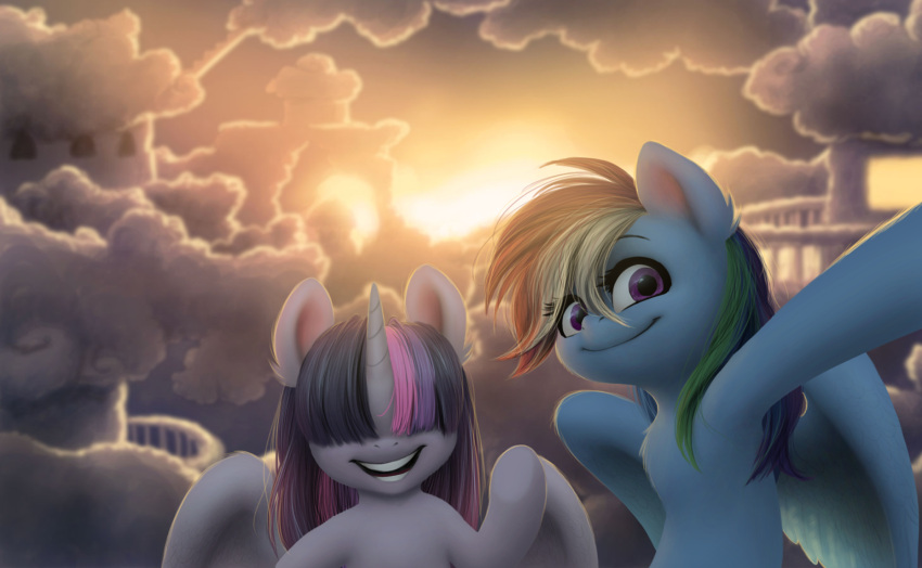 2015 alicorn blonde_hair blue_body blue_ears blue_fur blue_hair blue_wings cloud detailed_background digital_media_(artwork) duo equid equine feathered_wings feathers female feral friendship_is_magic front_view fur green_hair hair hair_over_eyes hasbro hi_res hooves horn horse katputze looking_at_viewer mammal multicolored_hair my_little_pony mythological_creature mythological_equine mythology open_mouth orange_hair outstretched_arm pegasus pink_hair pony purple_body purple_ears purple_eyes purple_hair purple_horn purple_skin purple_wings rainbow_dash_(mlp) rainbow_hair raised_hoof red_hair sky skyscape smile teeth twilight_sparkle_(mlp) wings