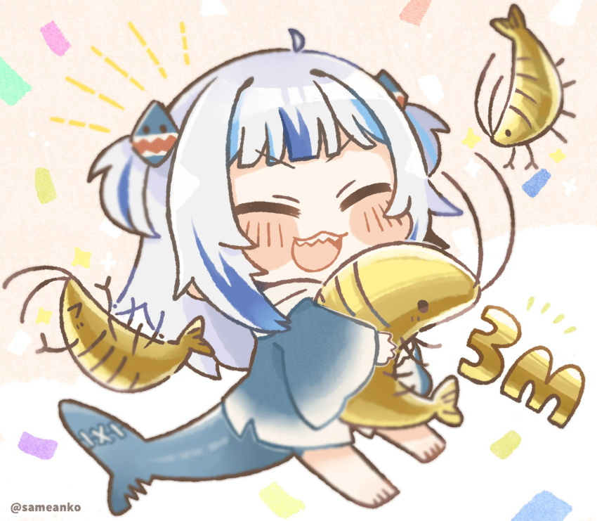 :d blue_hair blunt_bangs blush chibi closed_mouth commentary female fins fish_tail gawr_gura gawr_gura_(1st_costume) grey_hair hair_ornament highres holding hololive hololive_english milestone_celebration multicolored_hair open_mouth same_anko shark_girl shark_hair_ornament shark_tail sharp_teeth shrimp smile solo streaked_hair tail teeth two-tone_hair two_side_up v-shaped_eyebrows virtual_youtuber wide_sleeves