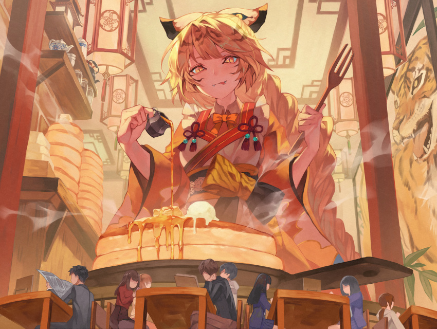 3boys 6+girls absurdres animal_ears blonde_hair bow bowtie closed_mouth faceless faceless_female faceless_male fangs flower_knot food fork from_below giant giantess highres holding holding_fork japanese_clothes kiriyama2109 licking_lips long_hair looking_down multiple_boys multiple_girls orange_bow orange_bowtie orange_eyes original pancake solo_focus striped_hair syrup tiger_ears tiger_girl tongue tongue_out