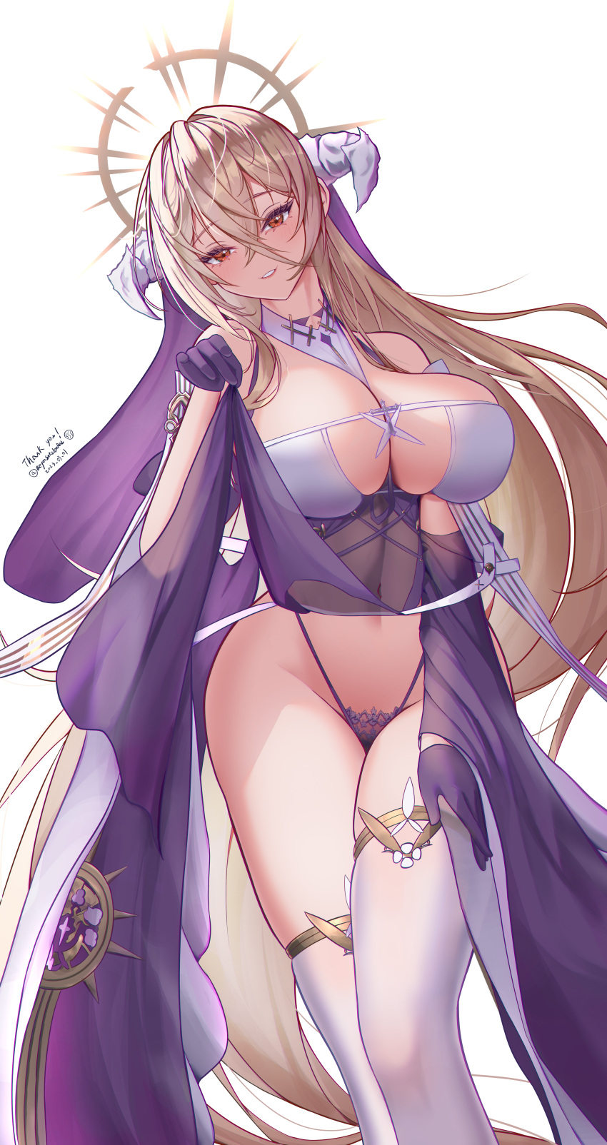 absurdly_long_hair absurdres azur_lane black_gloves black_panties blonde_hair breast_cutout breasts clothes_lift dated eeyoosekedooaat fake_horns female gloves habit hair_between_eyes half_gloves halo highleg highleg_panties highres horns implacable_(azur_lane) lace lace_panties large_breasts lifting_own_clothes long_bangs long_hair long_sleeves mechanical_halo nun panties pelvic_curtain pelvic_curtain_lift red_eyes revealing_clothes see-through simple_background solo thank_you thighhighs two-tone_dress underwear veil very_long_hair white_background white_horns white_thighhighs wide_sleeves