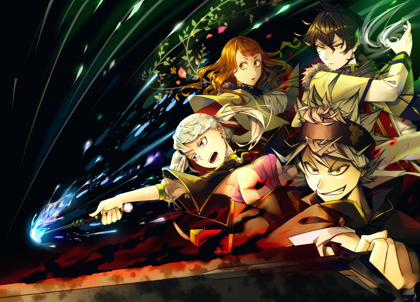 2boys 2girls absurdres ahoge aiguillette arm_cuffs armpit_crease asta_(black_clover) black_bulls_(emblem) black_capelet black_clover black_hair black_headband blonde_hair breasts capelet cleavage cross dark_background dress earrings flower frills frit_2 fur_trim green_eyes grey_hair hair_between_eyes headband heterochromia high_collar highres holding holding_sword holding_weapon jacket jewelry lace_trim long_bangs long_hair magic messy_hair military_jacket mimosa_vermillion multiple_boys multiple_girls multiple_weapons neck_ring necklace noelle_silva orange_hair pendant plant purple_eyes red_eyes shirt short_hair sideboob spiked_hair sword twintails v-shaped_eyebrows vines wand water wavy_hair weapon white_hair white_shirt yellow_capelet yellow_eyes yuno_(black_clover)