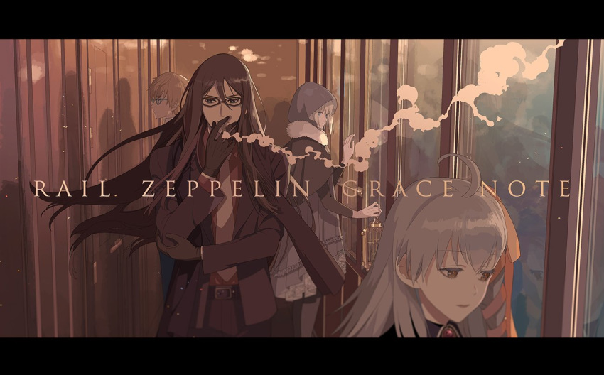 2boys 2girls ahoge birdcage black_gloves black_scarf braid brown_hair cage caules_forvedge_yggdmillennia cigarette commentary_request copyright_name fate/grand_order fate_(series) formal glasses gloves gray_(fate) grey_hair holding holding_cage hood hood_up letterboxed long_hair lord_el-melloi_ii lord_el-melloi_ii_case_files multiple_boys multiple_girls necktie okazaki_oka olga_marie_animusphere reflection scarf smoking stole suit train_interior waver_velvet