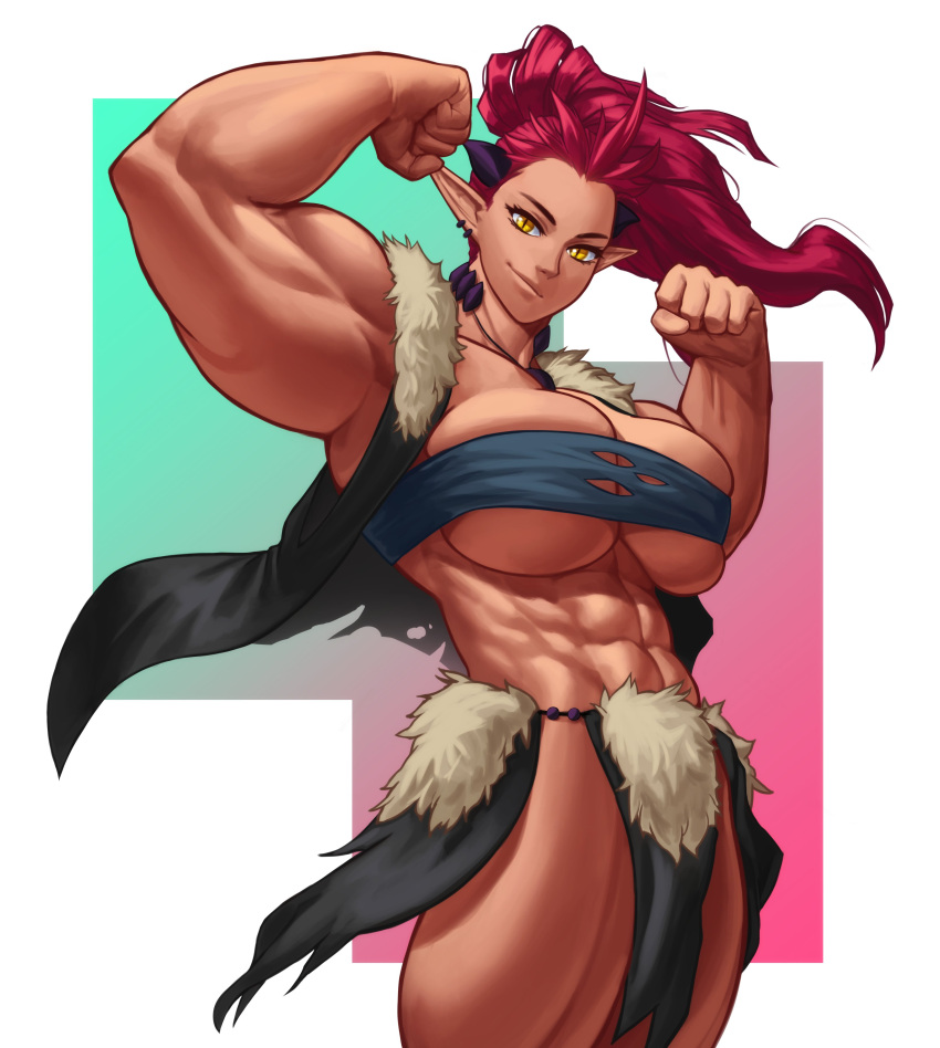 abs absurdres ali_(sotcho) biceps commentary english_commentary female flexing highres horns looking_at_viewer muscular muscular_female original pointy_ears ponytail pose purple_hair solo sotcho torn_clothes yellow_eyes