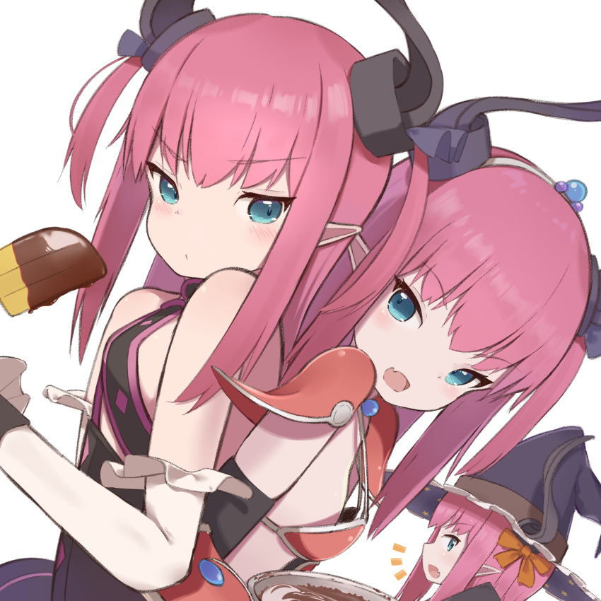 3girls armor bikini bikini_armor blue_eyes boots breasts cape choker earrings elizabeth_bathory_(brave)_(fate) elizabeth_bathory_(fate) elizabeth_bathory_(first_ascension)_(fate) elizabeth_bathory_(halloween_caster)_(fate) fate/extra fate/grand_order fate_(series) hairband hat highres horns jewelry knee_boots long_hair multiple_girls multiple_persona oerba_yun_fang open_mouth pauldrons pointy_ears purple_hair red_bikini shoulder_armor small_breasts smile swimsuit two_side_up witch_hat yomogi_uehara