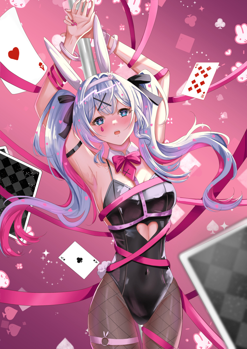 absurdres ace_(playing_card) ace_of_clubs ace_of_hearts animal_ears arms_up black_leotard black_ribbon blue_eyes blue_hair blush bow breasts card clothing_cutout club_(shape) colored_inner_hair commentary_request cutout_above_navel detached_collar diamond_(shape) elevenmanga fake_animal_ears fake_tail female fishnet_pantyhose fishnets gradient_background hair_ornament hair_ribbon hatsune_miku heart heart-shaped_pupils heart_cutout highres leotard long_hair looking_at_viewer medium_breasts multicolored_hair open_mouth pantyhose pink_background pink_bow pink_pupils playboy_bunny playing_card purple_background rabbit rabbit_ears rabbit_hole_(vocaloid) rabbit_tail red_hair red_nails ribbon solo spade_(shape) symbol-shaped_pupils tail teardrop_facial_mark ten_of_diamonds twintails two-tone_hair vocaloid x_hair_ornament