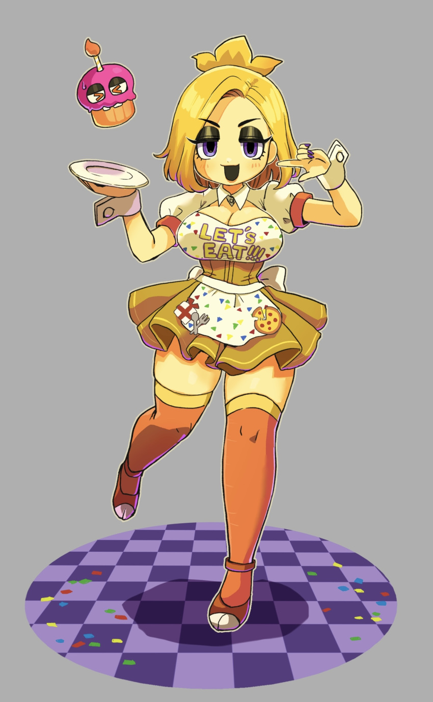 absurdres blonde_hair breasts chica cleavage clothes_writing colored_skin commentary_request cupcake cupcake_(fnaf) dress female five_nights_at_freddy's five_nights_at_freddy's_1 food full_body grey_background highres holding humanization jitome looking_at_viewer medium_breasts medium_hair minami_(mnm-kyk) purple_eyes solo standing standing_on_one_leg thighhighs yellow_skin zettai_ryouiki