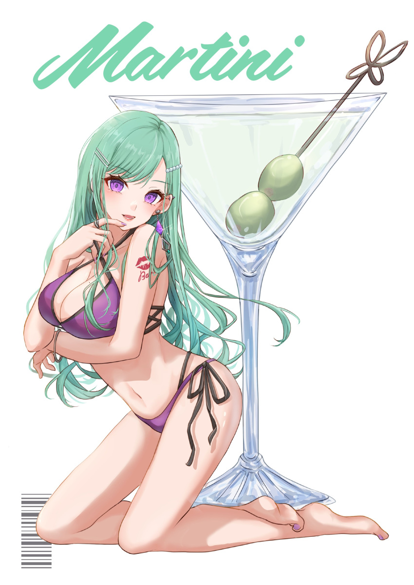 absurdres arm_under_breasts barcode barefoot bikini bracelet breasts character_name cocktail_glass criss-cross_halter cup drinking_glass ear_piercing earrings female finger_to_mouth full_body green_hair hair_behind_ear hair_ornament hairclip halterneck highres jewelry kneeling large_breasts lipstick_mark_tattoo long_hair looking_at_viewer martini miya_(_32miya107) mole mole_on_breast multi-strapped_bikini_bottom nail_polish olive open_mouth oversized_object piercing purple_eyes purple_nails ring shoulder_tattoo side-tie_bikini_bottom single_earring solo stomach swept_bangs swimsuit tattoo toenail_polish toenails very_long_hair virtual_youtuber vspo! white_background yakumo_beni