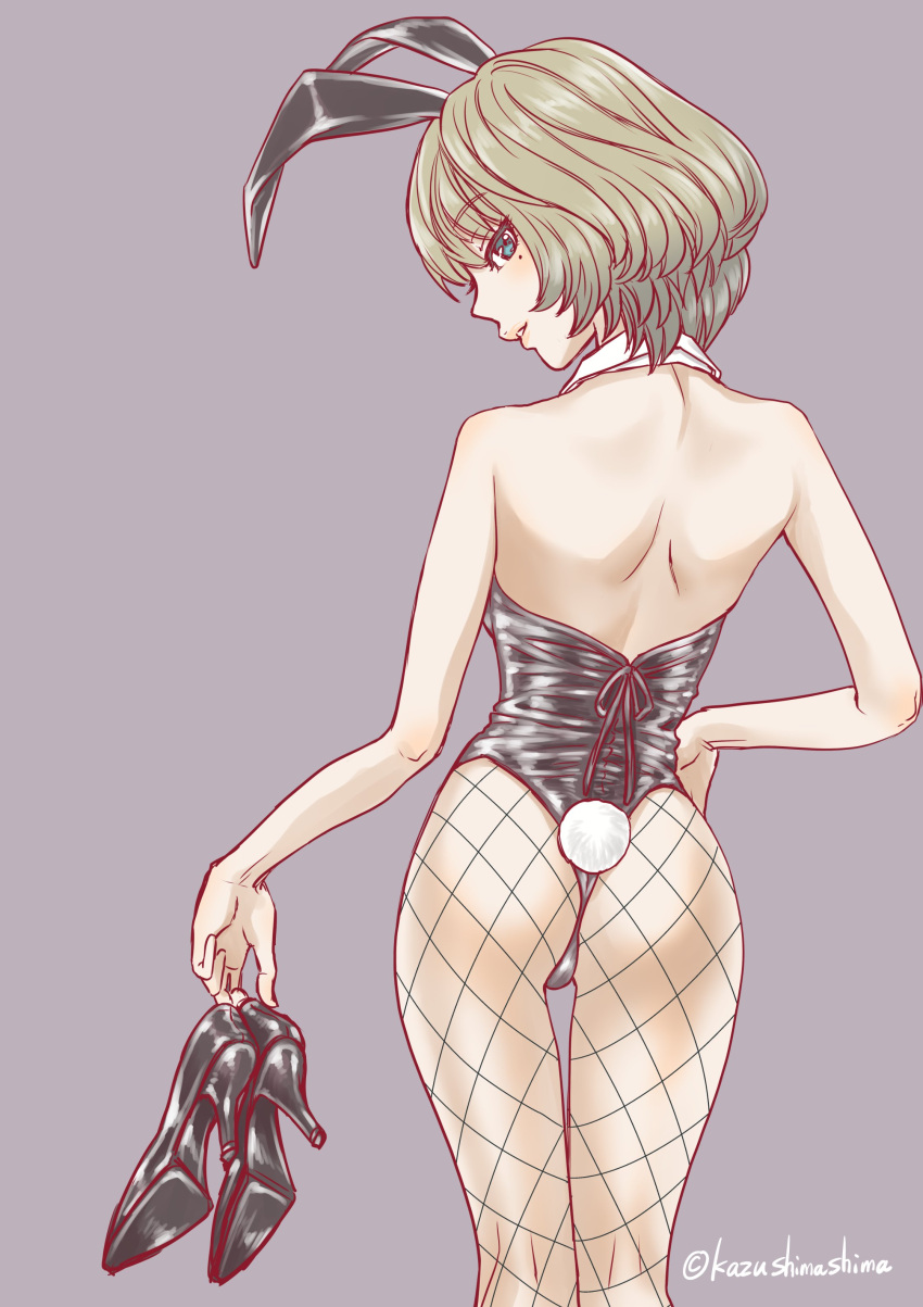 absurdres animal_ears ass back blue_eyes bob_cut corset female fishnet_pantyhose fishnet_thighhighs fishnets green_eyes green_hair heterochromia high_heels highres hip idolmaster idolmaster_cinderella_girls mole pantyhose playboy_bunny rabbit_ears shimao_kazu shoulder_blades t-back tail takagaki_kaede thighhighs wedgie