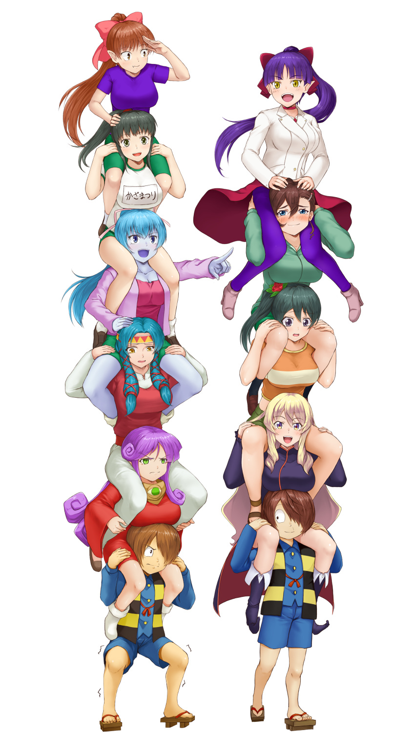 2boys 6+girls absurdres agnes_(gegege_no_kitarou_6) angry aoi_(gegege_no_kitarou) blonde_hair blue_eyes blue_hair blush braid breasts brown_hair carrying chanchanko_(clothes) curly_hair embarrassed fireman's_carry flower gegege_no_kitarou geta green_eyes green_hair hair_over_one_eye happy highres inuyama_mana kitarou looking_at_viewer medium_breasts miu_(gegege_no_kitarou) multiple_boys multiple_girls nekomusume nekomusume_(gegege_no_kitarou_5) nekomusume_(gegege_no_kitarou_6) orishin piggyback pointing ponytail purple_hair purple_thighhighs red_flower red_hair red_rose rose shoulder_carry smile surprised thighhighs vest witch yellow_eyes yuki_onna zanbia