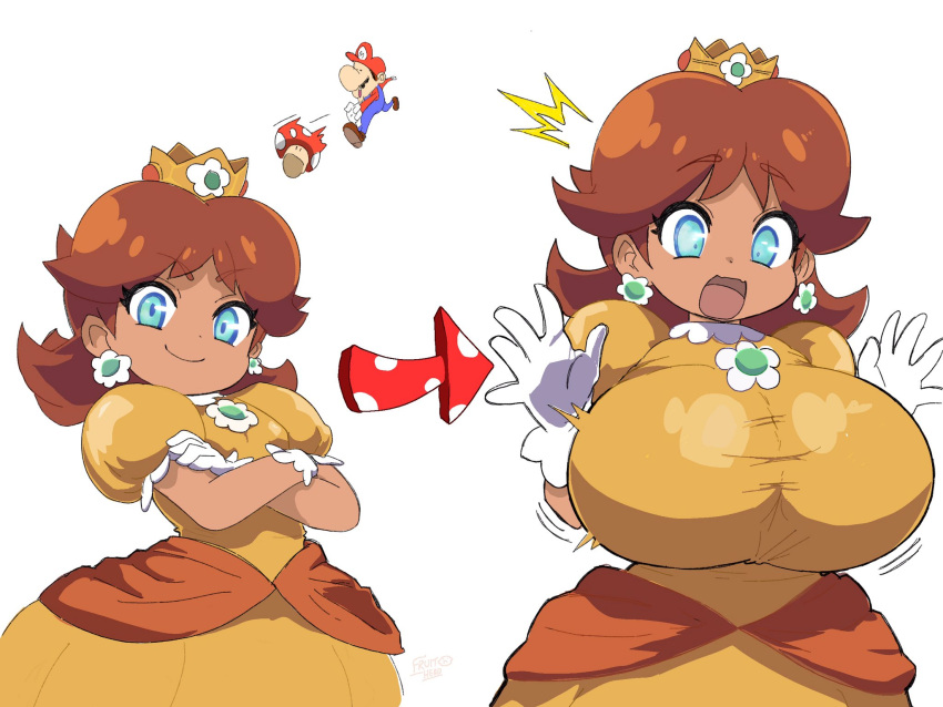 blue_eyes breasts brown_hair crossed_arms crown dress female fruithead gloves highres huge_breasts mario mario_(series) non-web_source princess princess_daisy simple_background smile super_mushroom tagme white_gloves yellow_dress