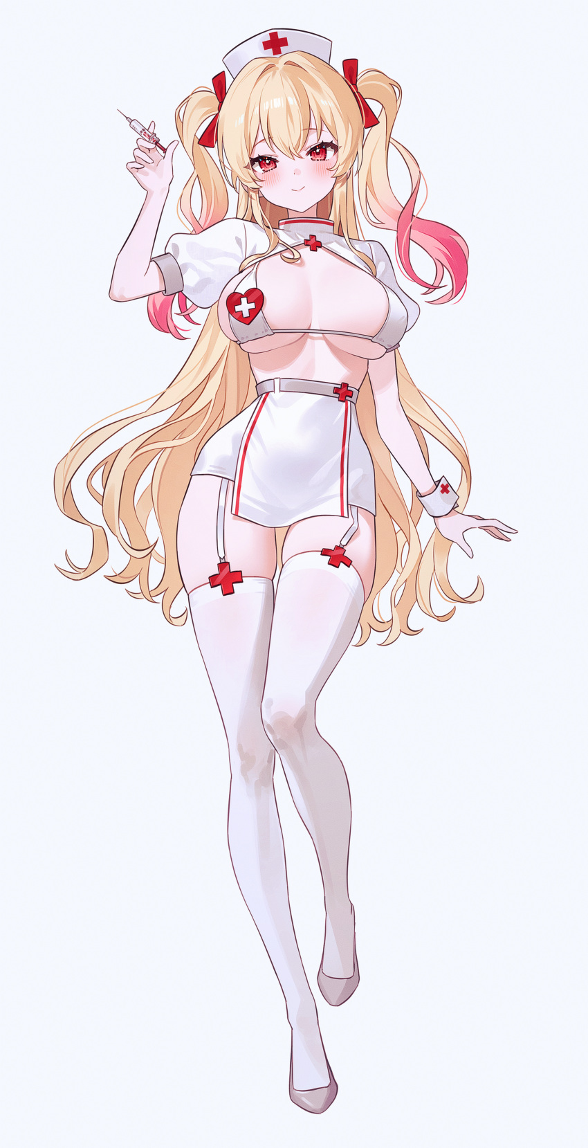 absurdres arm_up bikini blonde_hair blush breasts closed_mouth commission female fymrie gradient_hair grey_footwear hair_between_eyes hair_ribbon hat high_heels highres holding holding_syringe large_breasts long_hair looking_at_viewer multicolored_hair nurse nurse_cap original puffy_short_sleeves puffy_sleeves red_eyes red_hair red_ribbon ribbon short_sleeves shrug_(clothing) simple_background skindentation skirt smile solo swimsuit syringe thighhighs thighs two_side_up white_background white_bikini white_shrug white_skirt white_thighhighs white_wrist_cuffs wrist_cuffs