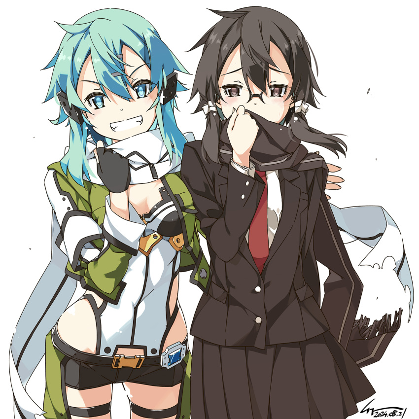 2girls asada_shino black_hair blue_eyes blue_hair blush breasts brown_eyes commentary_request dual_persona fingerless_gloves glasses gloves hair_between_eyes hair_ornament hairclip hand_on_another's_shoulder highres looking_at_viewer multiple_girls necktie scarf school_uniform shikei shirt short_hair short_shorts shorts sidelocks simple_background sinon skirt sword_art_online textless_version