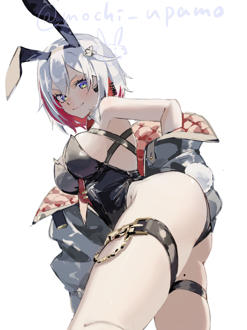 absurdres alternate_costume animal_ears armpits ass bare_shoulders black_jacket blue_eyes breasts closed_mouth colored_inner_hair cowboy_shot fake_animal_ears fake_tail female from_side hair_between_eyes highres honkai:_star_rail honkai_(series) jacket large_breasts looking_at_viewer mochi_upamo mole mole_on_thigh multicolored_hair open_mouth playboy_bunny rabbit_ears rabbit_tail red_hair short_hair sideboob smile solo tail thigh_strap thighs topaz_(honkai:_star_rail) white_background white_hair