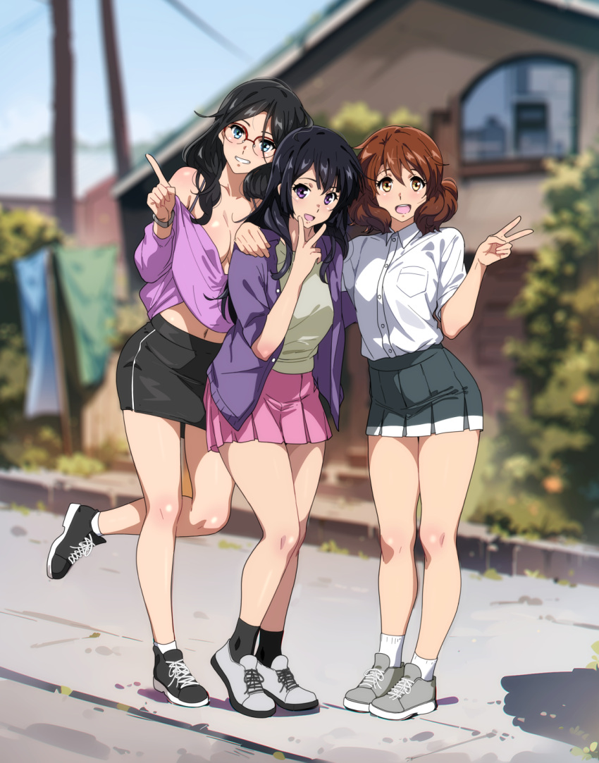 3girls :d bare_shoulders black_hair black_skirt black_socks blue_eyes blue_sky blurry blurry_background blush breast_pocket breasts brown_eyes brown_hair building cleavage collared_shirt commentary full_body glasses green_shirt green_skirt halterneck hand_on_another's_shoulder hibike!_euphonium highres index_finger_raised jacket kousaka_reina large_breasts long_hair looking_at_viewer miniskirt multiple_girls navel open_mouth oumae_kumiko outdoors pencil_skirt pink_shirt pink_skirt pocket purple_eyes purple_jacket red-framed_eyewear revealing_clothes sbel02 shiny_skin shirt shirt_tucked_in shoes short_hair skirt sky sleeveless sleeveless_shirt smile sneakers socks standing standing_on_one_leg symbol-only_commentary tanaka_asuka v v_over_mouth white_shirt white_socks yellow_eyes