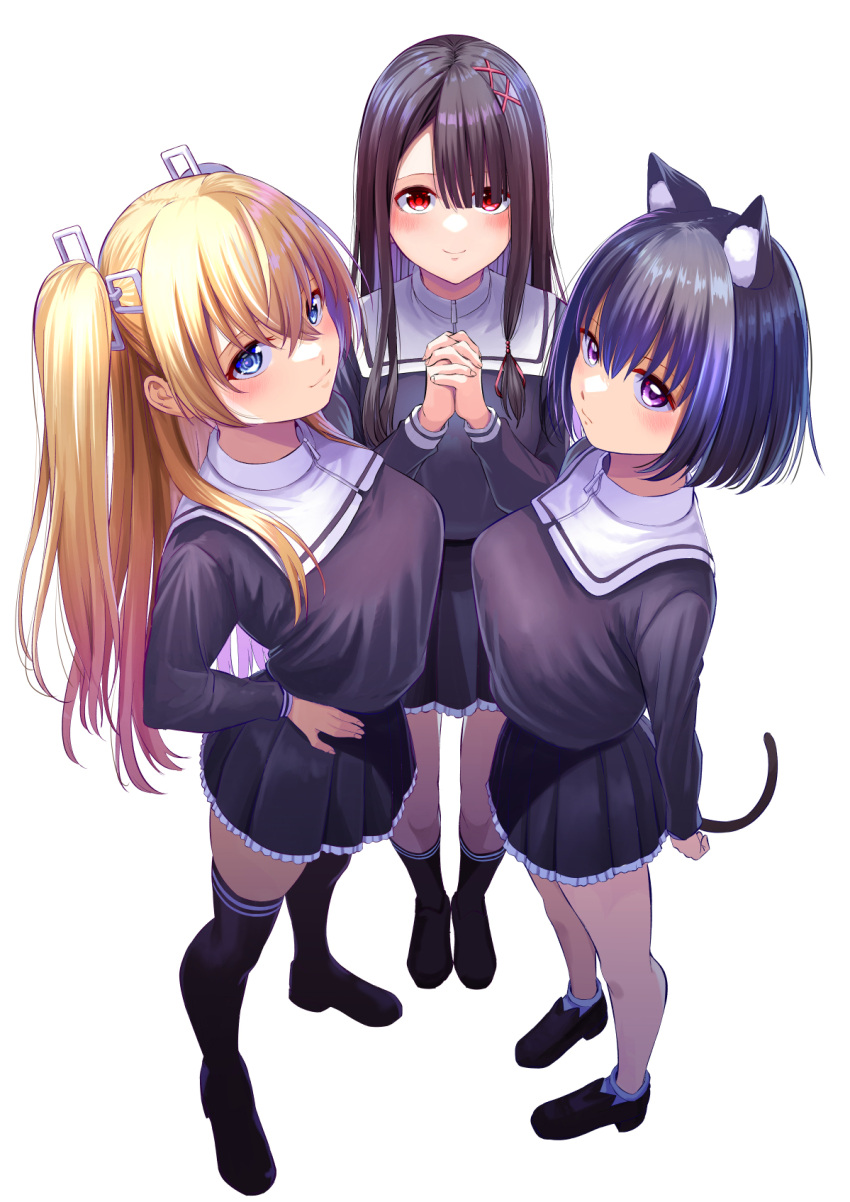 3girls animal_ear_fluff animal_ears attsun_(atsushi_jb) black_footwear black_shirt black_skirt blonde_hair blue_eyes breasts brown_hair cat_ears cat_girl cat_tail character_request closed_mouth commentary_request copyright_request frilled_skirt frills full_body hair_ribbon hand_on_own_hip highres interlocked_fingers large_breasts long_hair long_sleeves looking_at_viewer multiple_girls own_hands_together purple_eyes purple_hair red_eyes ribbon shirt simple_background skirt smile standing tail twintails white_background white_ribbon