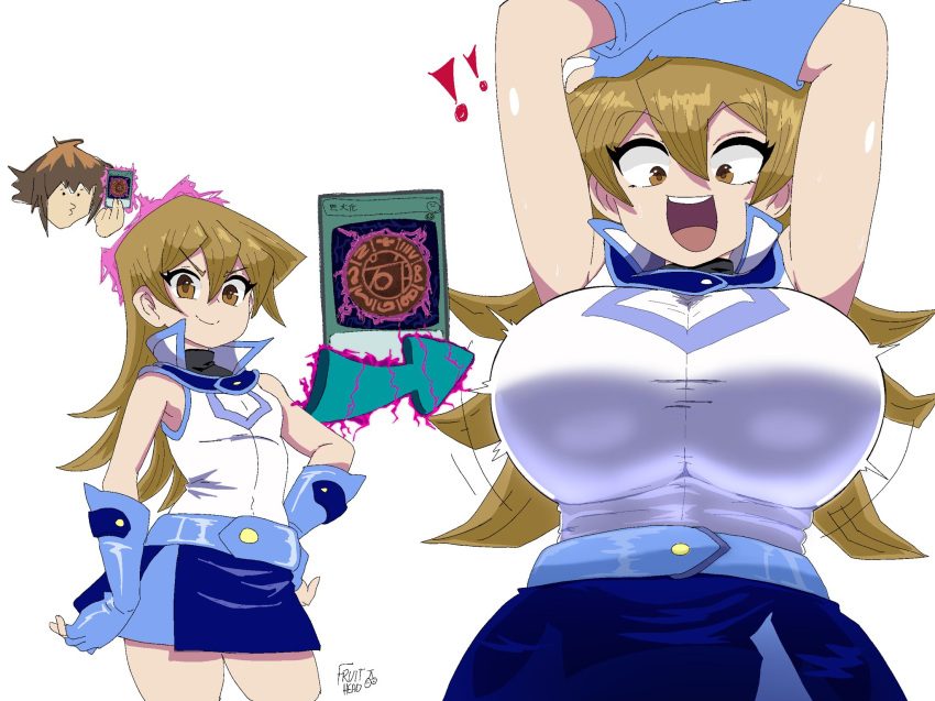 bare_shoulders blonde_hair blue_skirt breasts duel_academy_uniform_(yu-gi-oh!_gx) female fruithead highres large_breasts miniskirt non-web_source shirt simple_background skirt tagme tenjouin_asuka white_background white_shirt yu-gi-oh! yu-gi-oh!_gx