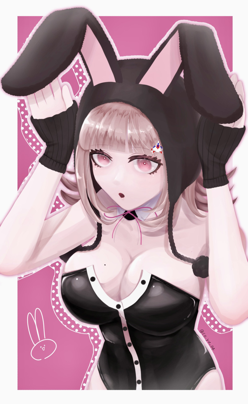 absurdres animal_ears bare_shoulders black_leotard breasts cleavage danganronpa_(series) danganronpa_2:_goodbye_despair detached_collar fake_animal_ears female galaga hair_ornament highres large_breasts leotard medium_hair nanami_chiaki official_alternate_costume playboy_bunny rabbit_ears solo spaceship_hair_ornament strapless strapless_leotard