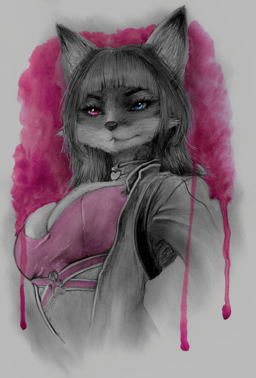 absurd_res akai_hime_(wild_assault) anthro big_breasts breasts buxom canid canine cleavage clothed clothed_anthro clothed_female clothing collar crop_top female fox hair heart_clothing heart_symbol heterochromia hi_res jacket jacket_vest looking_at_viewer louis_wood mammal midriff shirt solo topwear traditional_media_(artwork) vest watercolor_(artwork) wild_assault