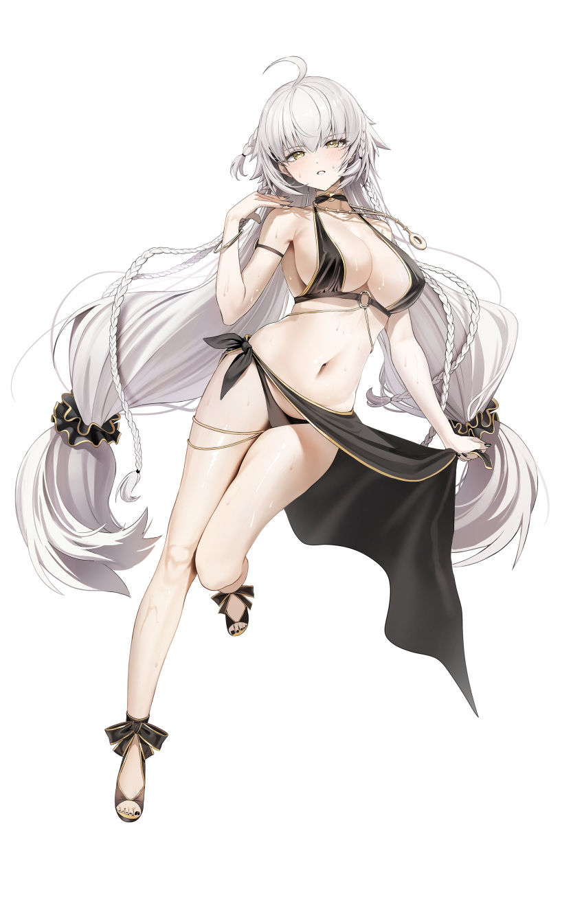 absurdres ahoge arm_strap bare_shoulders bikini black_bikini black_nails blush breasts commentary damda fate/grand_order fate_(series) female full_body hair_ornament hand_up highres jeanne_d'arc_alter_(fate) jeanne_d'arc_alter_(festival_outfit)_(fate) large_breasts long_hair nail_polish navel o-ring official_alternate_costume simple_background solo stomach swimsuit symbol-only_commentary thighs toenail_polish toenails toes white_background white_hair yellow_eyes