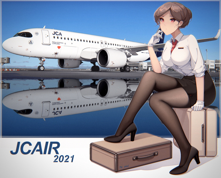 2021 airbus airbus_a320 aircraft airplane airplane_wing airport bad_id bad_pixiv_id black_footwear black_pantyhose black_skirt breasts chromatic_aberration female flight_attendant gloves hair_behind_ear hair_bun high_heels highres jet_bridge landing_gear legs medium_breasts original pantyhose pencil_skirt red_eyes reflection senjouhara_nira shirt shirt_tucked_in single_hair_bun sitting skirt solo suitcase sweatdrop travel_attendant turbine vehicle_focus white_gloves white_shirt