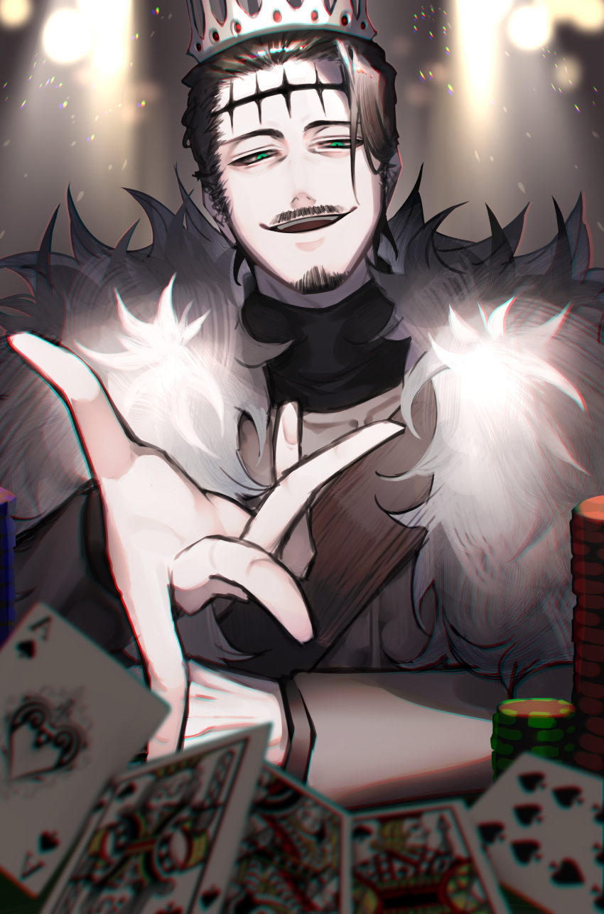 1boy absurdres ace_(playing_card) ace_of_spades arm_rest arms_on_table black_clover black_hair black_shirt blurry blurry_background blurry_foreground brown_jacket cape capelet card crown dante_zogratis depth_of_field facial_hair facial_mark frit_2 fur_cape fur_capelet gem goatee green_eyes grin hair_behind_ear hair_slicked_back hair_strand high_collar highres indoors jack_(playing_card) jack_of_spades jacket king_(playing_card) king_of_spades light_particles light_rays looking_at_viewer male_focus moustache narrowed_eyes open_mouth outstretched_hand playing_card poker_chip queen_(playing_card) queen_of_spades red_gemstone royal_flush shirt short_hair shoulder_strap sideburns smile smug solo spade_(shape) straight-on teeth ten_of_spades upper_teeth_only