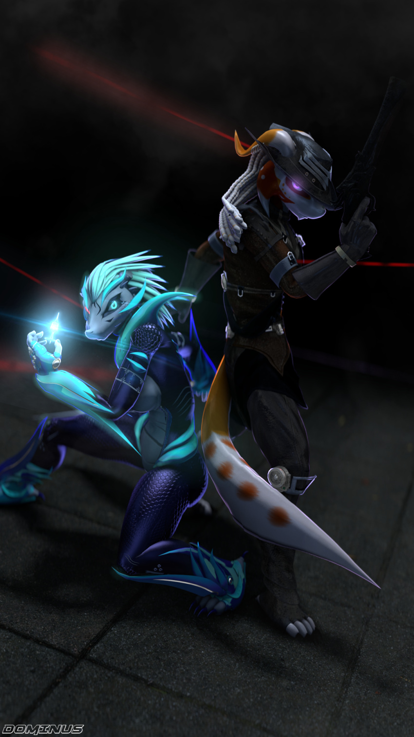 3d_(artwork) 9:16 alien alilkira android anthro barefoot biyemorph blue_eyes blue_hair bodysuit braided_hair breasts clothed clothing cybernetics cyborg digital_media_(artwork) domibun duo fan_character feet female footwear frill_(anatomy) gloves glowing gun hair handwear hat headgear headwear hi_res holding_gun holding_object holding_ranged_weapon holding_weapon klem_hessit laser_pointer looking_at_viewer machine male male/female medium_breasts multicolored_body multicolored_scales pink_eyes pose ranged_weapon red_body red_scales reptile robot scales scalie skinsuit source_filmmaker_(artwork) standing tight_clothing toeless_footwear two_tone_body two_tone_scales warfare_alilkira warfare_klem warfare_machine weapon white_body white_hair white_scales