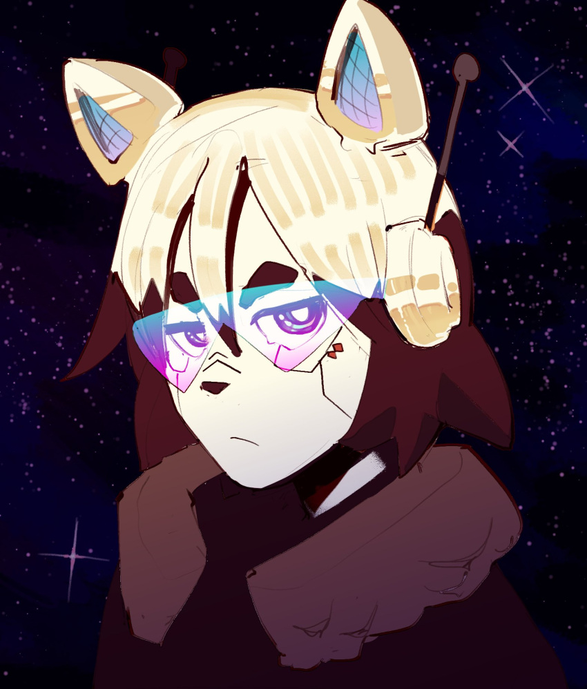 2022 android anthro black_hair black_nose bust_portrait canid canine clothed clothing earpiece eyewear glasses hair hi_res looking_at_viewer machine mammal maya_(pingpenne) multicolored_hair pingpenne portrait robot short_hair solo star white_hair