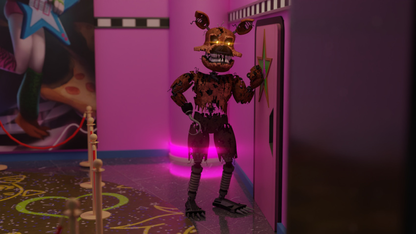 16:9 3_toes 3d_(artwork) 4_toes animatronic anonymous_artist anthro carpet claws digital_media_(artwork) door feet female five_nights_at_freddy's five_nights_at_freddy's:_security_breach five_nights_at_freddy's_4 food foxofnightmares glamrock_chica glowing glowing_eyes guitar hand_on_hip hi_res hook hook_hand humanoid knocking knocking_on_door machine male musical_instrument nightmare_foxy_(fnaf) on_model pink_wall pizza plucked_string_instrument poster red_body robot robot_humanoid scottgames solo steel_wool_studios string_instrument toe_claws toes wall_(structure) white_body widescreen yellow_eyes