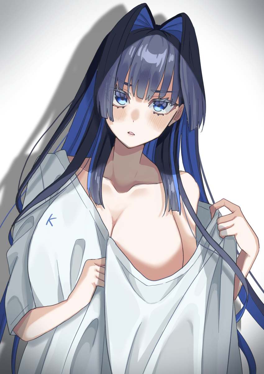 absurdres bare_shoulders blue_eyes blue_hair blunt_bangs blush breasts collarbone colored_inner_hair female hair_intakes hand_up highres hololive hololive_english huge_breasts long_hair looking_at_viewer mizuhasi multicolored_hair no_bra official_alternate_hairstyle ouro_kronii ouro_kronii_(casual) oversized_clothes oversized_shirt shirt short_sleeves solo two-tone_hair very_long_hair virtual_youtuber white_shirt