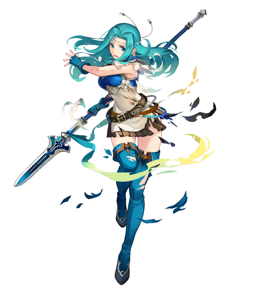 aqua_hair armor belt blue_eyes blue_footwear blue_gloves boots breastplate dress female fingerless_gloves fiora_(fire_emblem) fire_emblem fire_emblem:_the_blazing_blade fire_emblem_heroes full_body gloves highres holding holding_weapon konfuzikokon long_hair official_art open_mouth parted_bangs polearm short_dress short_sleeves shoulder_armor shoulder_pads solo spear thigh_boots thighhighs torn_boots torn_clothes transparent_background turtleneck weapon white_dress