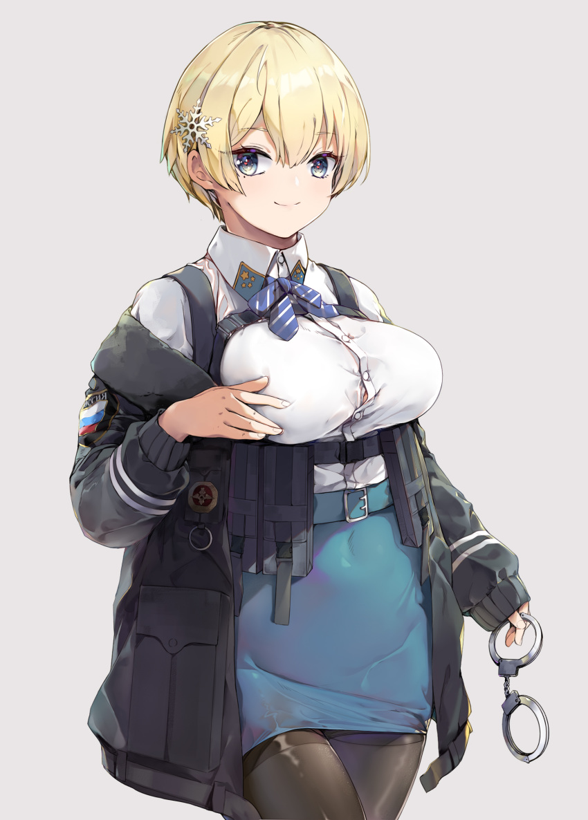 absurdres belt black_jacket black_pantyhose blonde_hair blue_belt blue_eyes blue_ribbon blue_skirt breasts buckle button_gap chinese_commentary collared_shirt commentary_request covered_navel cowboy_shot cuffs female framed_breasts girls'_frontline grey_background hair_between_eyes hair_ornament handcuffs highres holding holding_handcuffs jacket large_breasts long_sleeves longzi_(lez) looking_at_viewer magazine_(weapon) miniskirt mole mole_under_eye neck_ribbon off_shoulder open_clothes open_jacket pantyhose ribbon shirt shirt_tucked_in short_hair sidelocks simple_background skirt smile snap-fit_buckle snowflake_hair_ornament solo standing striped striped_ribbon thighband_pantyhose vsk-94_(girls'_frontline) white_shirt