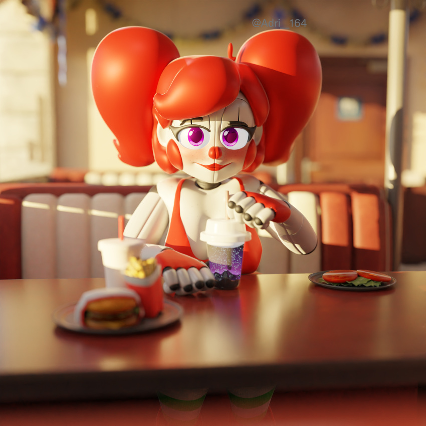 1:1 absurd_res adri164 beverage bubble_tea burger circus_baby_(fnaf) female five_nights_at_freddy's flushed food fries hair heart_eyes heart_symbol hi_res humanoid lipstick long_stockings looking_at_viewer makeup not_furry purple_eyes red_hair scottgames shy solo striped_stocks white_body