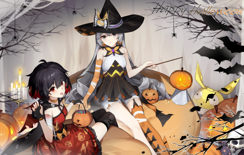 2girls absurdres alternate_costume antenna_hair bad_id bad_pixiv_id bat_(animal) black_dress black_gloves black_thighhighs bronya_zaychik bronya_zaychik_(snowy_sniper) candle candy closed_mouth dress elbow_gloves fingerless_gloves food gloves grey_eyes grey_hair hair_between_eyes halloween halloween_bucket halloween_costume hat highres holding holding_lantern homu_(honkai_impact) honkai_(series) honkai_impact_3rd lantern long_hair looking_at_viewer multiple_girls orange_gloves orange_thighhighs pumpkin red_dress red_eyes red_hair seele_(alter_ego) seele_vollerei short_hair single_glove single_thighhigh sleeveless sleeveless_dress thighhighs tongue tongue_out witch_hat yukizawa_xueze