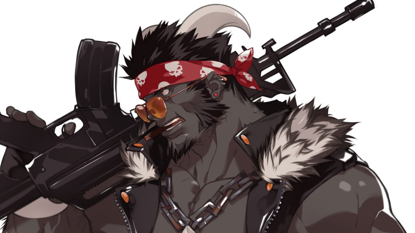 1boy arm_hair assault_rifle bara bare_shoulders beard black_hair black_jacket brando_(dizdoodz) chain_necklace chains close-up curled_horns dark-skinned_male dark_skin dizdoodz facial_hair from_side goatee gun headband highres horns houndoom jacket jewelry leather leather_jacket long_sideburns male_focus mature_male muscular muscular_male necklace over_shoulder pectoral_cleavage pectorals personification pokemon rifle short_hair sideburns skull_necklace skull_print sleeveless sleeveless_jacket solo sunglasses upper_body very_dark_skin weapon weapon_over_shoulder weapon_request white_background