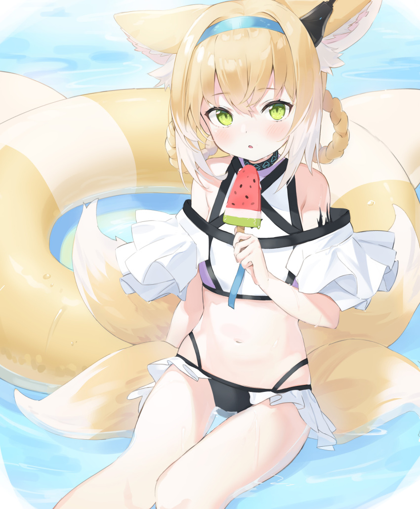 :o absurdres animal_ear_fluff animal_ears aqua_hairband arknights bare_shoulders bikini blonde_hair blue_hairband blush colored_tips earpiece female food fox_ears fox_girl fox_tail frilled_bikini frills green_eyes hair_rings hairband highres holding holding_food in_water infection_monitor_(arknights) innertube kitsune kyuubi material_growth medium_hair mint_(psmin30) multicolored_hair multiple_tails navel oripathy_lesion_(arknights) popsicle sitting solo suzuran_(arknights) swim_ring swimsuit tail watermelon_bar white_hair