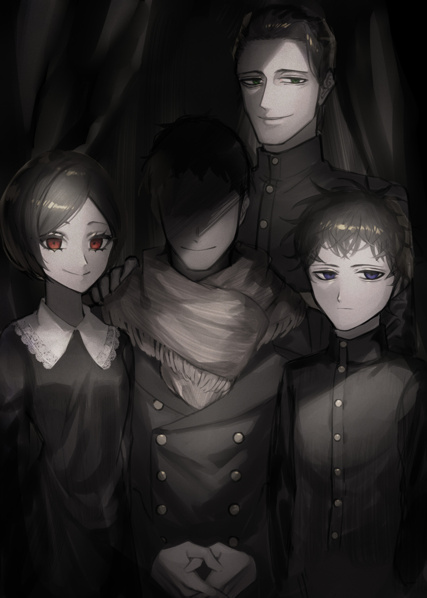 3boys absurdres aged_down black_clover black_dress black_hair black_shirt black_theme blue_eyes buttons dante_zogratis dress expressionless faceless faceless_male family family_portrait frit_2 frock_coat green_eyes hair_behind_ear hair_slicked_back hair_strand hand_on_another's_shoulder high_collar highres lace-trimmed_collar lace_trim long_bangs long_eyelashes long_sleeves looking_at_viewer lucius_zogratis messy_hair multiple_boys narrowed_eyes own_hands_clasped own_hands_together parted_bangs red_eyes scarf shadow shirt short_hair siblings smile upper_body vanica_zogratis wing_collar zenon_zogratis