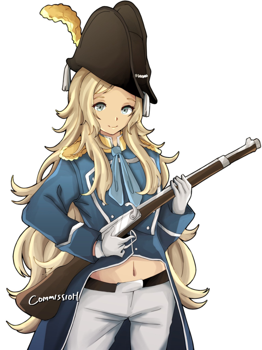 alternate_costume belt bicorne blonde_hair blue_coat blue_eyes coat commission cosette_valjean female fire_emblem gun hat highres long_hair musket navel ophelia_(fire_emblem) pants seijo_senki solo villager_c weapon white_pants