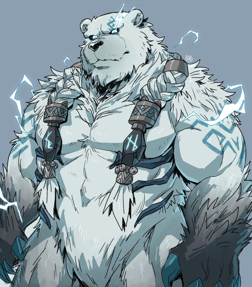 1boy animal_ears bara bear_boy bear_ears braid bulge chest_hair completely_nude cowboy_shot fluffy fur_censor furry furry_male gamubear glowing glowing_eye highres large_pectorals league_of_legends lightning long_hair looking_at_viewer male_focus muscular muscular_male nude pectorals simple_background solo stomach twin_braids volibear white_fur