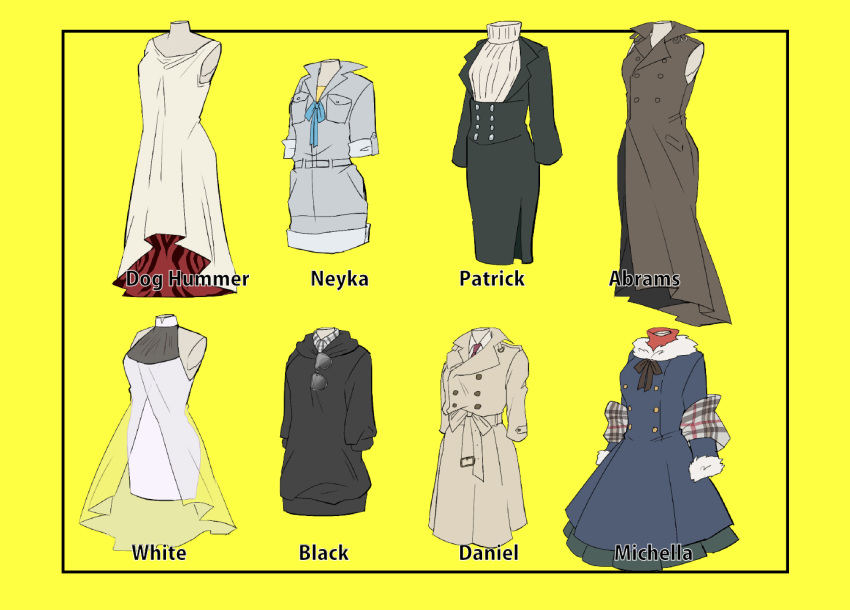 blitz_t._abrahms brown_dress clothes clothes_only coat commentary_request daniel_law doug_hammer dress eyewear_hang floating_clothes high_collar hood hoodie kekkai_sensen michella_watch necktie neyka_(kekkai_sensen) no_humans patrick_(kekkai_sensen) photoshop_(medium) plaid_shawl see-through_dress_layer shawl sleeveless still_life sunglasses translucent trench_coat unworn_eyewear white_(kekkai_sensen) white_dress yorutsuki_(sakurekichan)