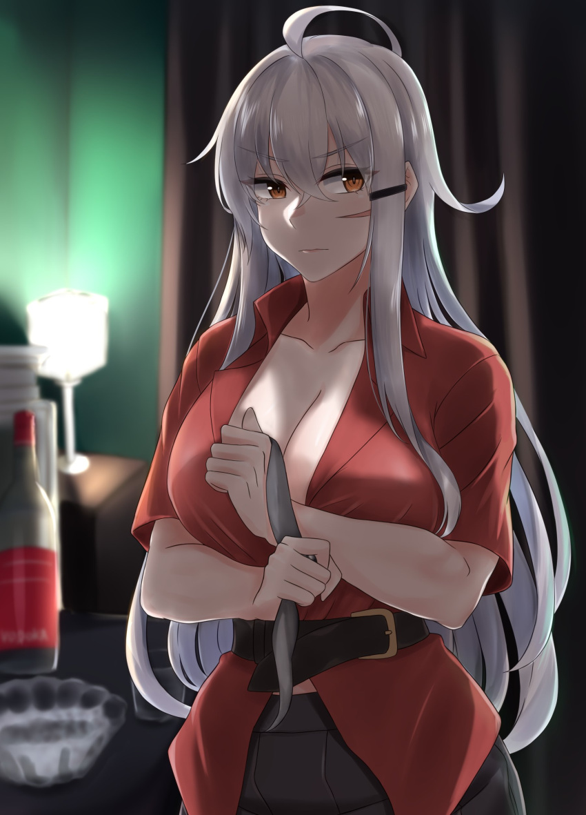 absurdres ahoge alcohol ashtray bad_id bad_twitter_id belt black_belt black_skirt bottle breasts cleavage closed_mouth crossed_bangs curtains female gangut_(kancolle) grey_hair hair_between_eyes hair_ornament hairclip highres ibuki_grunt indoors kantai_collection lamp large_breasts long_hair orange_eyes red_shirt scar scar_on_face shirt short_sleeves skirt solo