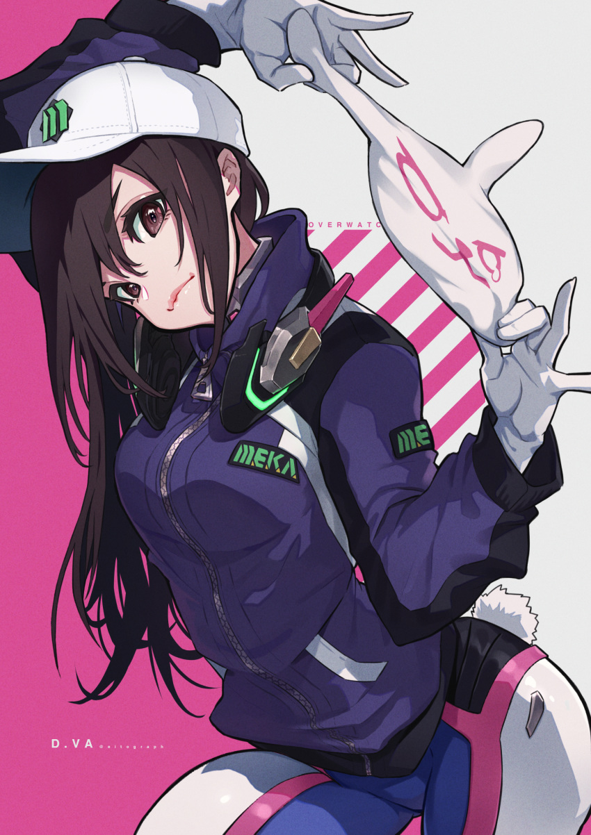 baseball_cap between_fingers bodysuit breasts brown_eyes brown_hair commentary d.va_(overwatch) english_commentary female gloves hat head_tilt headphones headphones_around_neck highres holding jacket long_hair medium_breasts nishikawa_eito official_alternate_costume overwatch overwatch_1 pilot_suit pinky_out rabbit_tail science_fiction shooting_star_d.va solo tail zipper zipper_pull_tab